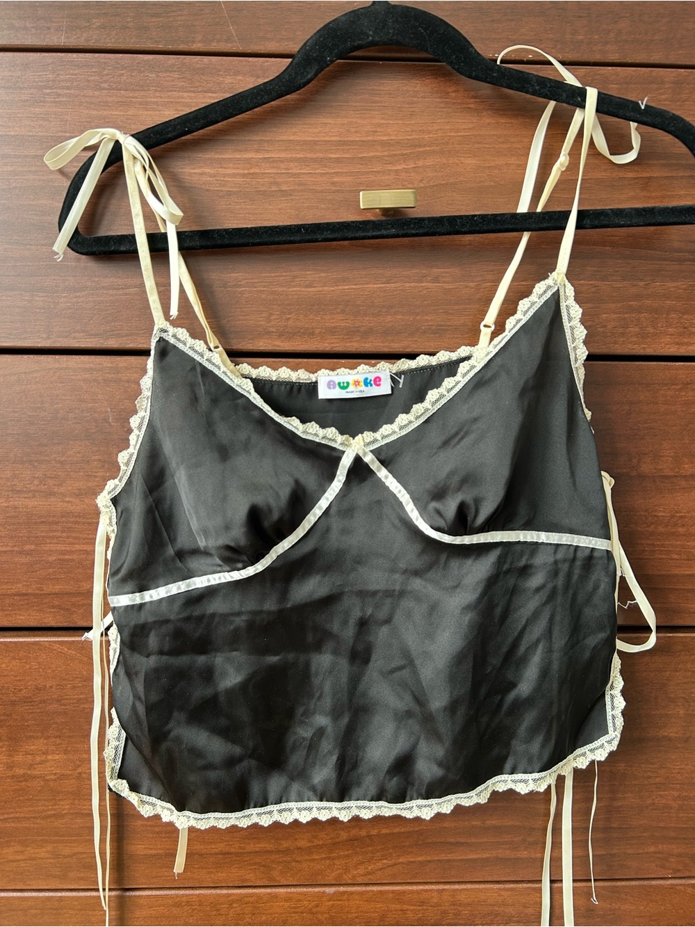 Awoke Vintage Black Satin Lace-Trim Cami Top with Cream Ribbon